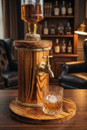 Doğal Ahşap Tekli Fıçı Sunum Çeşmesi - Musluklu Dekoratif Viski ve İçecek Standı (Rustik Tasarım)