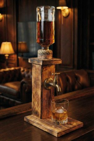 Doğal Ahşap Rustik İçki Standı - Tek Musluklu Viski Çeşmesi Özel Sunum
