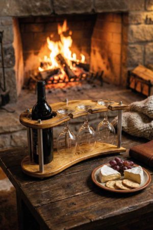 Doğal Ahşap Şişe ve Kadeh Standı - 3'lü Dekoratif Şaraplık ve Sunum Ünitesi