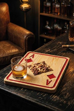 Doğal Ahşap Karo As Sunum Tabağı - Kırmızı Diamonds İskambil Konsept Çerezlik Standı