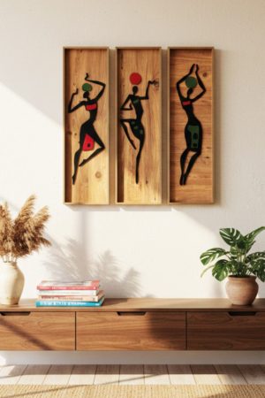 Afrikalı Kadınlar 3'lü Ahşap Tablo Seti Etnik Bohem Modern Salon Duvar Dekoru Pano