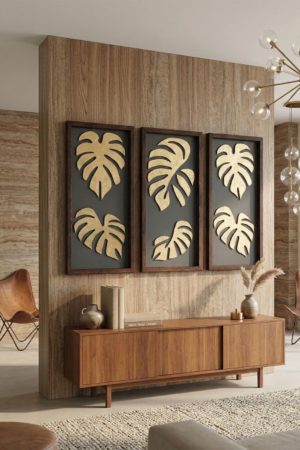 3'lü Ahşap Çerçeveli Gold Yaprak Tablo Seti Dekoratif Monstera Duvar Dekoru Pano