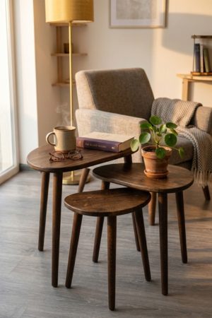 3'lü Masif Doğal Ahşap Zigon Sehpa Takımı Organik Form Modern Yan Sehpa