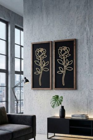 2'li Ahşap Çerçeveli Gold Gül Tablo Seti Siyah Zemin Line Art Duvar Dekoru Pano Hediyelik