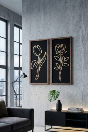 2'li Ahşap Çerçeveli Gold Çiçek Tablo Seti Siyah Zemin Gül ve Lale Duvar Dekoru