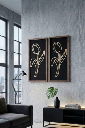 2'li Ahşap Çerçeveli Gold Lale Tablo Seti Siyah Zemin Line Art Duvar Dekoru Pano Hediyelik